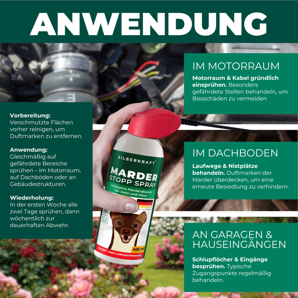 Silberkraft Marder Stopp Spray 400ml, Effektiver Sofort- & Langzeitschutz gegen Marder im Auto, Dachboden & Haus, Verhindert Marderbisse an Kabeln & Schläuchen , Überdeckt Duftmarken für nachhaltige Abwehr