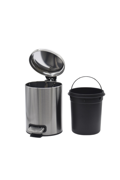 Tretabfalleimer aus Edelstahl mit offenem Deckel und herausnehmbarem Inneneimer aus Kunststoff.