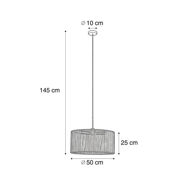 Technische Zeichnung einer Pendelleuchte mit Maßen: Durchmesser 50 Zentimeter, Höhe 145 Zentimeter und Schirmhöhe 25 Zentimeter.