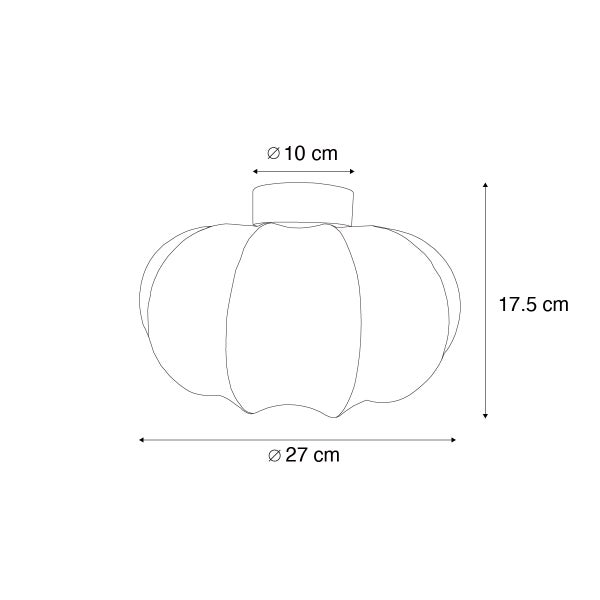 Maßzeichnung einer kürbisförmigen Deckenleuchte mit Durchmesser 27 Zentimeter, Höhe 17,5 Zentimeter und Basis 10 Zentimeter.