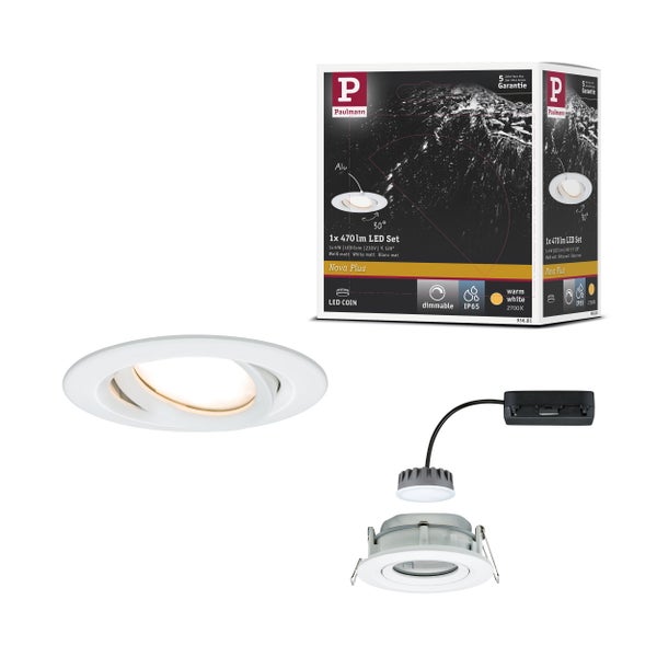 Weißes Paulmann LED Einbaustrahler Set Nova Plus, schwenkbar 30 Grad, dimmbar, IP65 wassergeschützt, warmweiß, mit LED Modul und Verpackung.