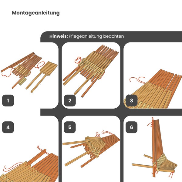 Montageanleitung in sechs Schritten für ein Holzmöbel aus Latten, die mit Schnüren verbunden werden.