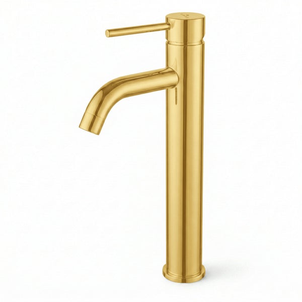 Hohe Waschtischarmatur mit Einhebelmischer in Gold, modernes zylindrisches Design für Aufsatzwaschbecken.
