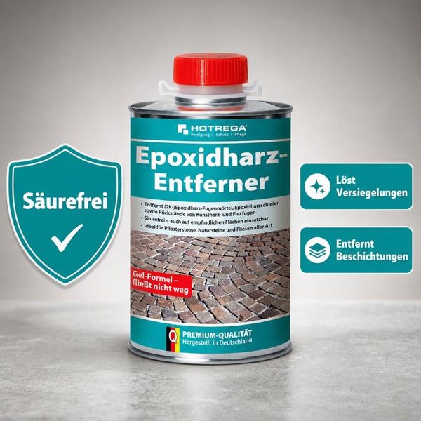Hotrega Epoxidharz Entferner in der Dose mit Gel Formel zur Entfernung von Fugenmörtel und Harzschleiern auf Natursteinen und Fliesen.
