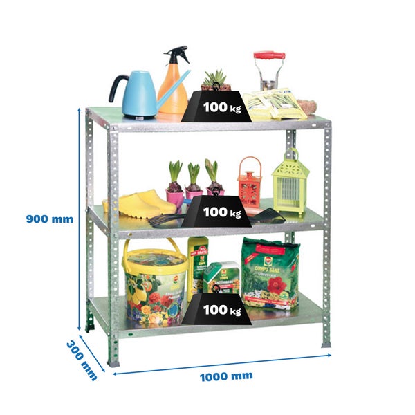 Verzinktes Metallregal mit 3 Fachböden, 100 Kilogramm Traglast pro Boden, Maße 900 mal 1000 mal 300 Millimeter, bestückt mit Gartenutensilien.