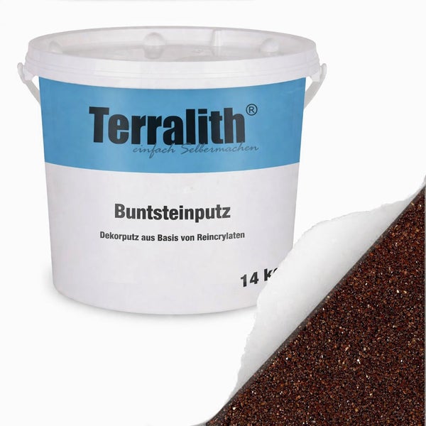 Terralith Buntsteinputz 14 kg Eimer mit Strukturbeispiel in Braun.