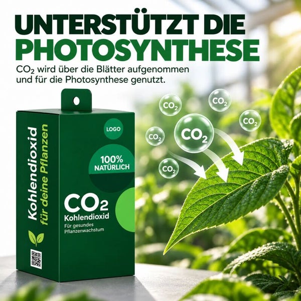 Verpackung mit Kohlendioxid für Pflanzen, unterstützt die Photosynthese durch Aufnahme über die Blätter für gesundes Pflanzenwachstum.