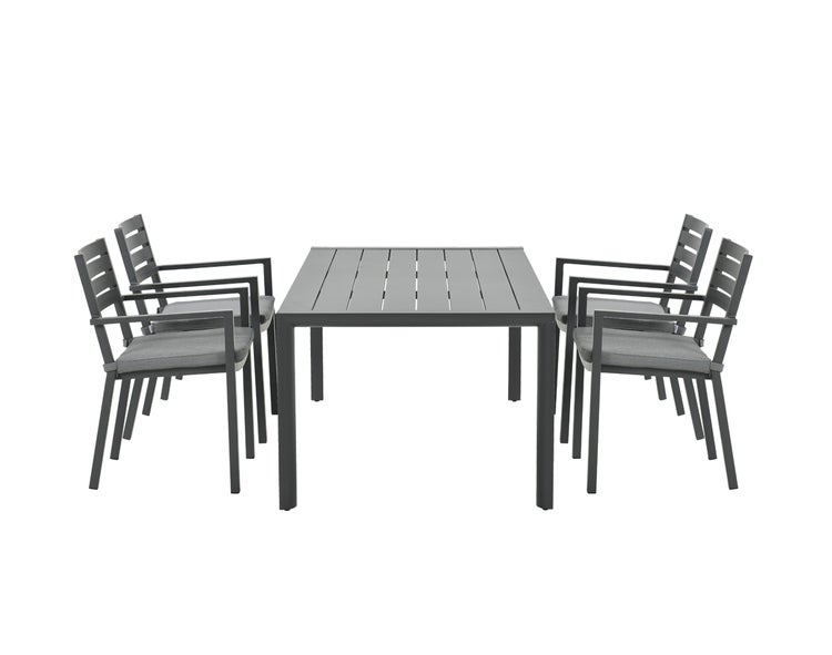Gartenmöbel-Set aus dunklem Aluminium bestehend aus einem rechteckigen Tisch und vier Stühlen mit Armlehnen und grauen Sitzkissen.