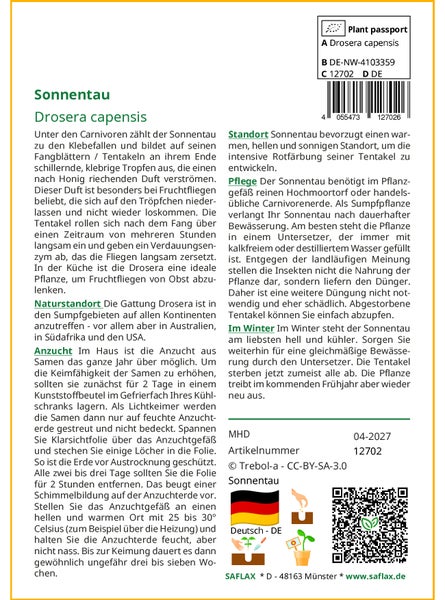 SAFLAX  - Sonnentau - Drosera capensis - 200 Samen - Mit keimfreiem Anzuchtsubstrat