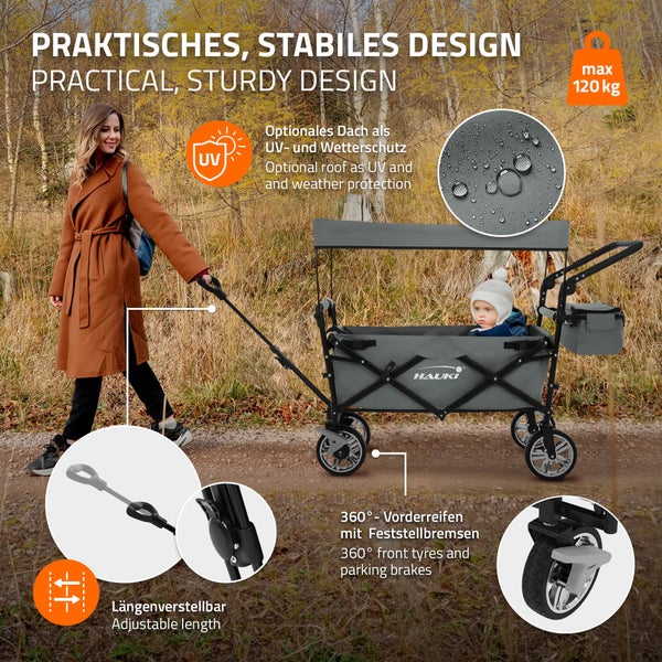 Hauki Bollerwagen XXL faltbar mit Dach & Tasche, Grau, Handwagen klappbar zum Schieben/Ziehen, Kinder Transportwagen Kinderwagen, 360° drehbare Vorderräder, PU Räder mit Bremsen, Transportkarre 120 kg