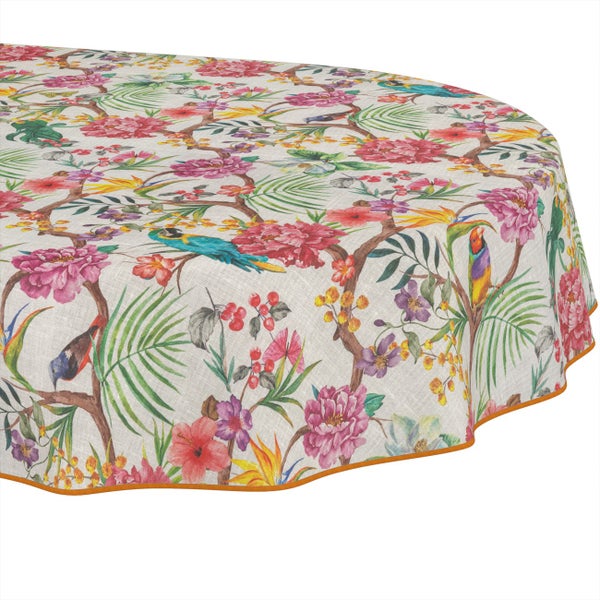 Runde Tischdecke mit tropischem Blumenmuster und Papageien.
