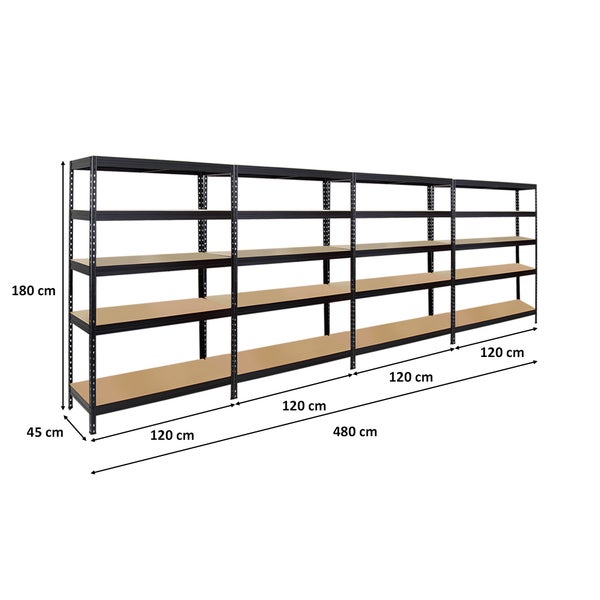 PROREGAL Mega Deal 4x Schwerlastregal Rivet HxBxT 180 x 120 x 45 cm Fachlast 250 kg Schwarz