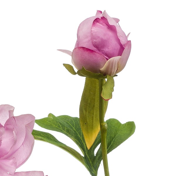 Künstliche rosa Pfingstrosenknospe mit grünem Stiel und Blättern.