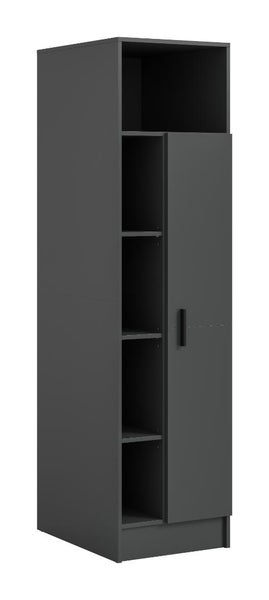 Hoher Badezimmerschrank in Anthrazit mit einer Tür, schwarzem Griff und fünf offenen Regalfächern.