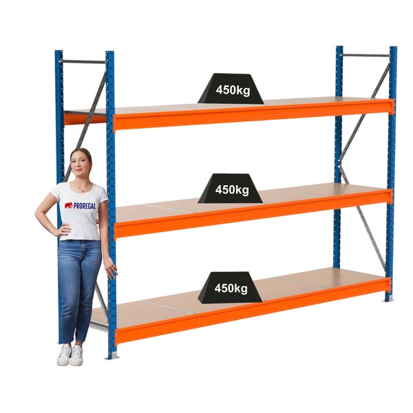 Regal mit drei Ebenen und einer maximalen Traglast von 450 Kilogramm pro Ebene