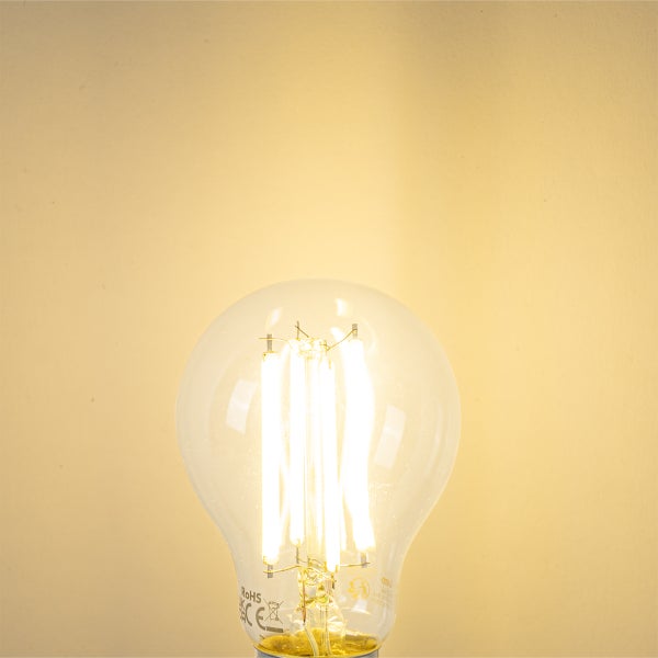 LED-Filament-Leuchtmittel aus klarem Glas mit warmweißem Licht.