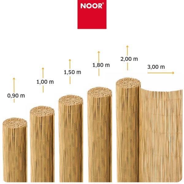 Noor Bambus Sichtschutzmatte in verschiedenen Hoehen von 0,90 Meter bis 2,00 Meter und einer Laenge von 3,00 Meter als Rollenware.