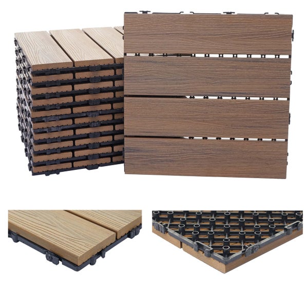 Klickfliesen aus Holz-Kunststoff-Verbundwerkstoff in Holzoptik für Terrasse und Balkon mit Detailansichten von Oberfläche und Unterseite.