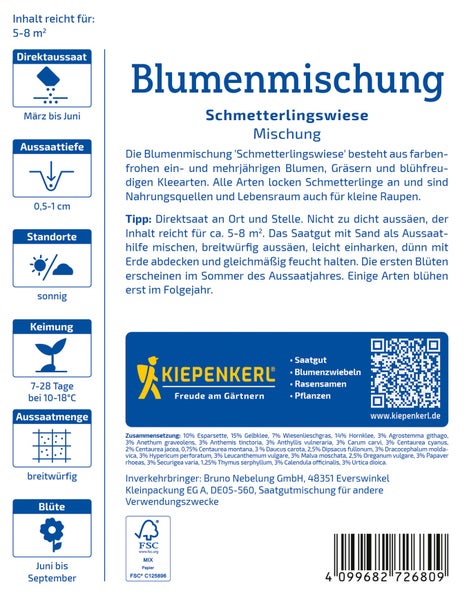 Blumenmischung Schmetterlingswiese Kiepenkerl Saatgut für fünf bis acht Quadratmeter mit Aussaathinweisen und Inhaltsangaben.