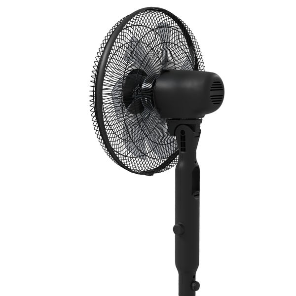 Schwarzer Standventilator mit Schutzgitter und verstellbarem Stativ.
