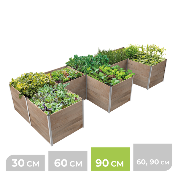 Modulares Hochbeet-System aus Holz mit Metallecken, Höhen von 30 Zentimeter, 60 Zentimeter und 90 Zentimeter, bepflanzt mit Gemüse.