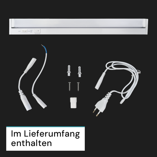 Lieferumfang einer LED Unterbauleuchte mit Schrauben und Kabel
