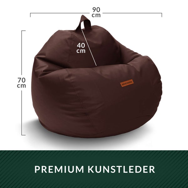 Green Bean Sitzsack aus Kunstleder mit EPS Perlen Füllung - 90 x 70 cm - Bean Bag Sitzkissen Sitzpuff Sitzsessel Bodenkissen Lounge - Dunkelbraun