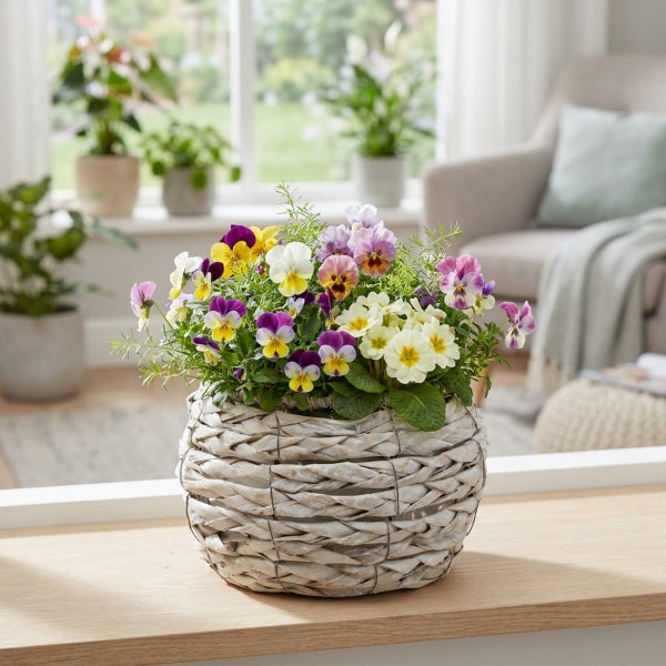 Bunte Frühlingsblumen wie Stiefmütterchen und Primeln in einem runden Weidenkorb auf einem Holztisch vor einem hellen Wohnzimmerfenster.