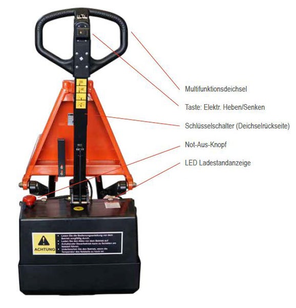 Elektrischer Gabelhubwagen mit Multifunktionsdeichsel und LED Ladestandsanzeige