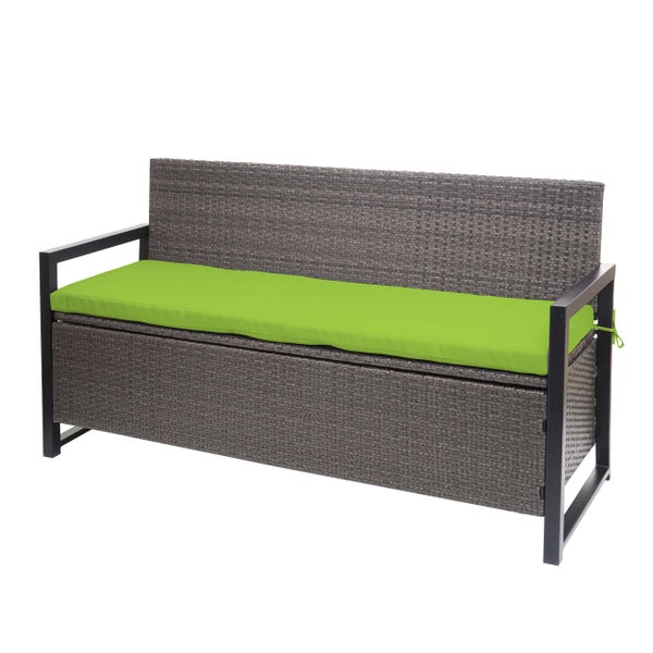 Gartenbank aus grauem Polyrattan mit integrierter Auflagenbox, Metallgestell und grünem Sitzkissen.