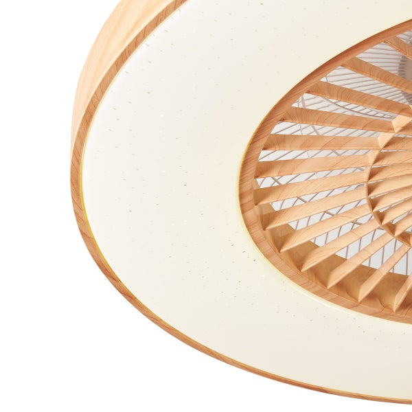 Deckenventilator mit integrierter LED Leuchte in runder Form mit Holzoptik und Sternendesign.