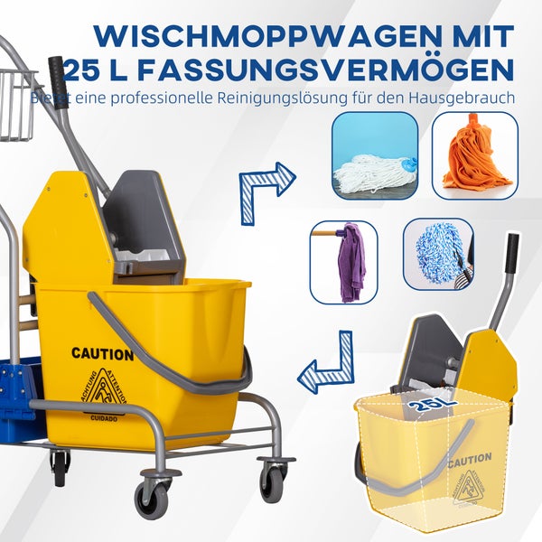 Wischmoppwagen mit 25 Liter Eimer und Presse für die professionelle Bodenreinigung im Haushalt und Gewerbe