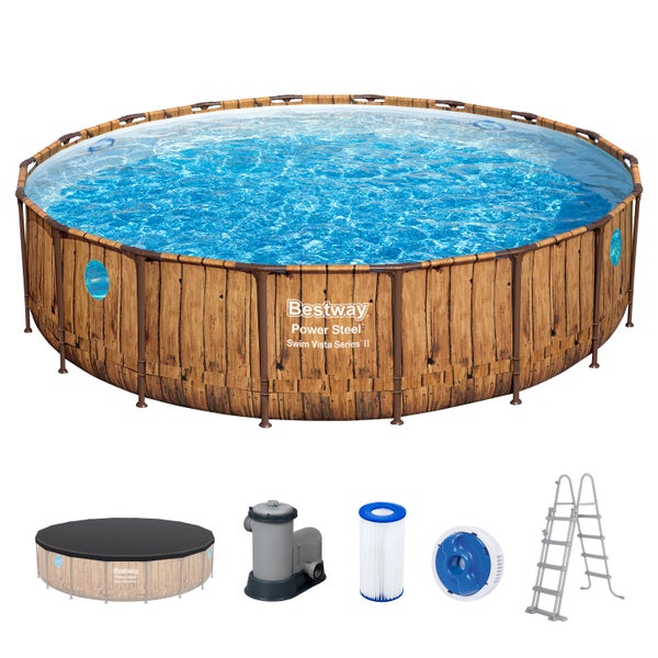 Bestway Power Steel Swim Vista Series II Rundpool-Set in Holzoptik mit Filterpumpe, Sicherheitsleiter, Abdeckplane und Chemikaliendosierer.