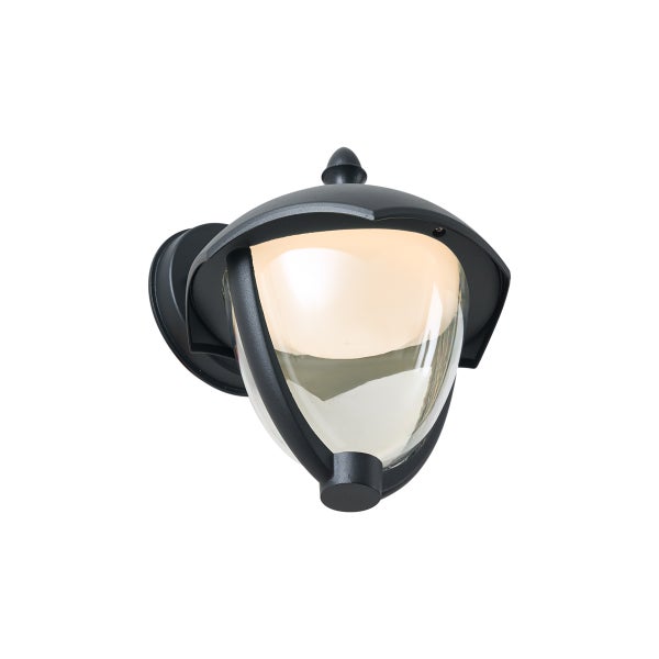 Außenwandleuchte aus schwarzem Metall mit Schirm aus Klarglas.