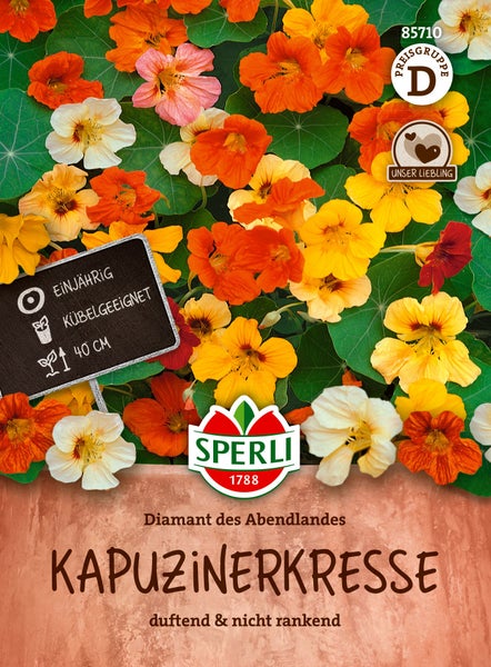 Samentüte für nicht rankende Kapuzinerkresse Diamant des Abendlandes mit Blüten in verschiedenen Farben und Sperli Logo