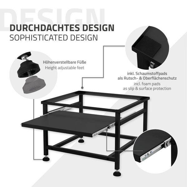 ML-Design Waschmaschinen-Untergestell mit ausziehbarer Ablage, Schwarz, 62,5x53,5x45 cm, aus Stahl, bis 150kg, höhenverstellbaren Füße, Waschmaschinensockel Trocknersockel Podest Unterschrank Erhöhung