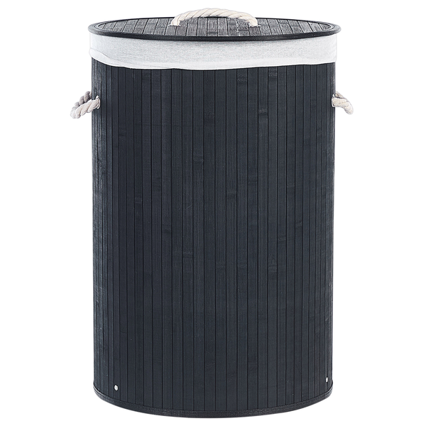 Runder Wäschekorb aus Bambus in Schwarz mit Deckel, herausnehmbarem Wäschesack aus Stoff und Seilgriffen.