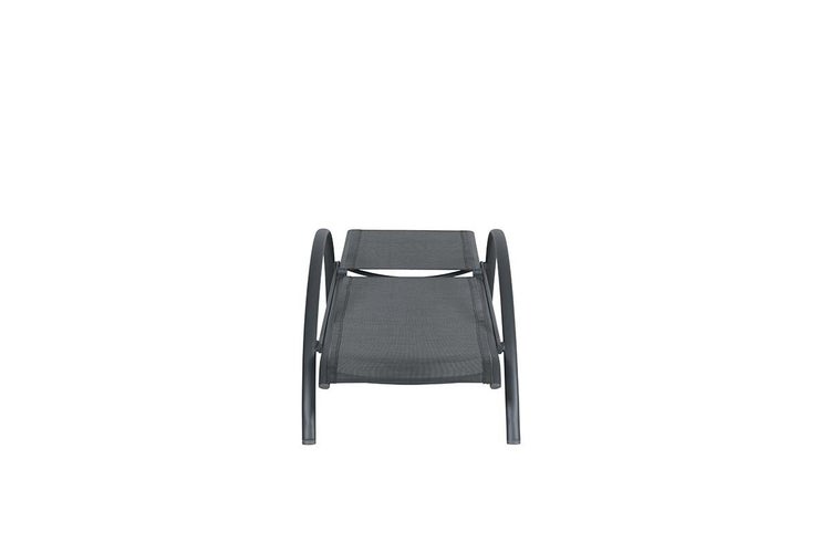 Frontansicht einer Gartenliege mit Metallgestell und Textilbespannung.