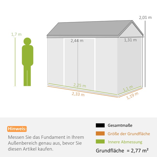 Diagramm eines Gartenhauses mit Maßangaben: Außenmaße 2,44 Meter mal 1,31 Meter, Höhe 2,01 Meter, Grundfläche 2,77 Quadratmeter.