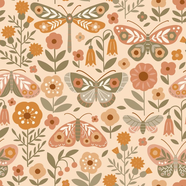 Nahtloses Muster mit Blumen, Libellen und Schmetterlingen.
