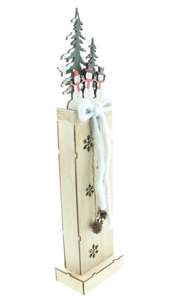 FRANK FLECHTWAREN | LED-Säule Schneemänner im Wald, 11 x 7 x 46 cm, HOLZ, JUTE, WOLLE,