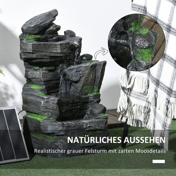 Outsunny Gartenbrunnen, Solar Springbrunnen mit 4 Stufen,  LED-Beleuchtung, für Garten, Balkon, 34 x 28 x 57 cm, Kunstharz, Dunkelgrau
