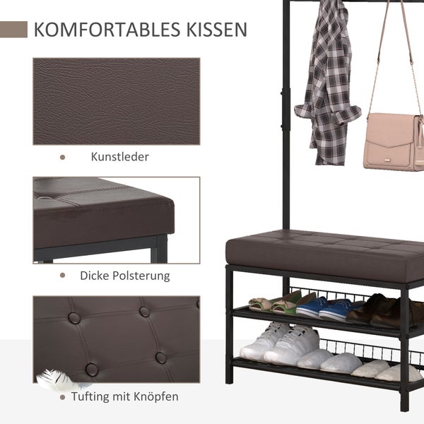 HOMCOM Garderobenständer Garderobenbank Kleiderständer Schuhregal mit Sitzfläche Garderobe mit Sitzfläche und 2 Schuhablagen, Metall, 72,5x35x180cm
