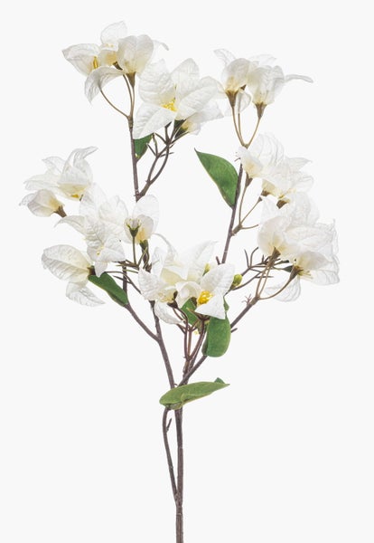 Künstlicher blühender Zweig mit weißen Blüten und grünen Blättern.