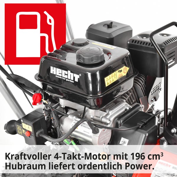 Detailansicht eines Viertaktmotors für Gartengeräte mit Kraftstoff Symbol
