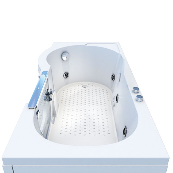 Weisse Eckbadewanne mit Armatur und Hydromassagefunktion