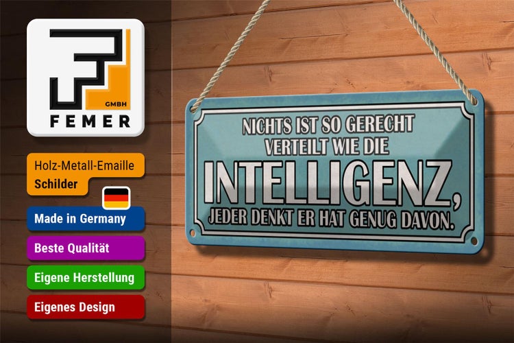 Blechschild Spruch 27x10cm Intelligenz gerecht verteilt Dekoration