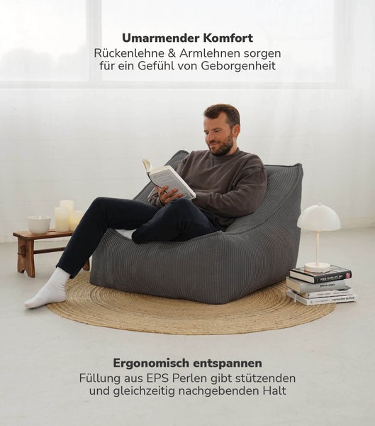 mokebo Sitzsack Sessel mit Hocker aus Cord 'Der Lümmel', XXL Sitzsack, Cord Sessel oder Sitz Sessel in Anthrazit