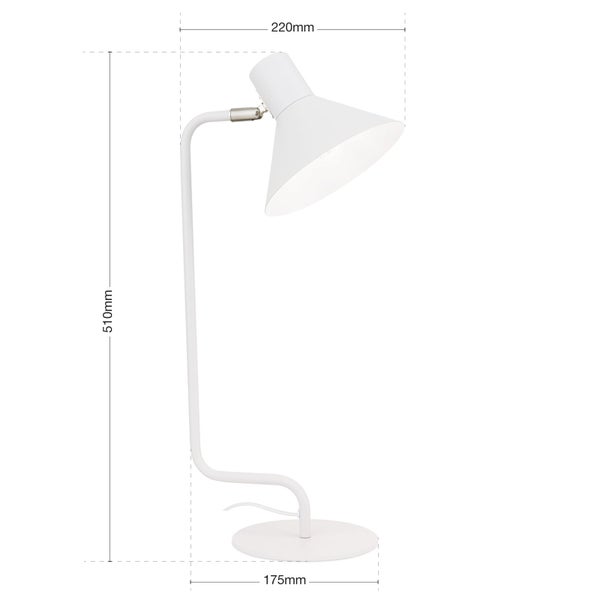 Weiße Schreibtischlampe mit den Maßen 510 mm Höhe, 220 mm Breite und 175 mm Durchmesser des Fußes.