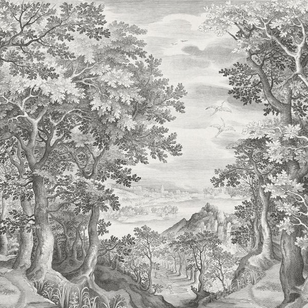 Illustration einer Waldlandschaft mit Bäumen und einem fernen Dorf